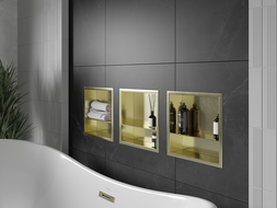 Mexen X-Wall-R 30 x 30 cm-es peremes és polcos beépíthető polc, arany szálcsiszolt - 1950303010S