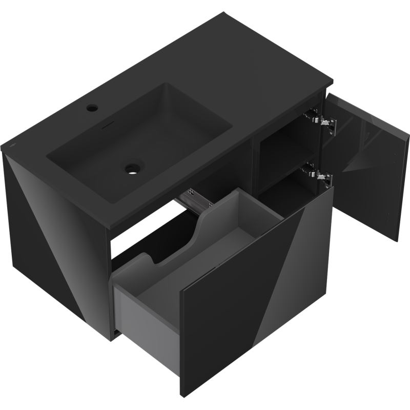 Mexen Orio Otis 90 cm-es fürdőszobai szekrény mosdóval, bal oldali, 1 fiókos, 1 ajtós, fekete fényes/fekete matt