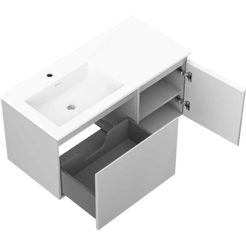 Mexen Orio 100 cm-es fürdőszobaszekrény Otis bal oldali mosdóval, 1S, 1D, szürke matt/fehér matt