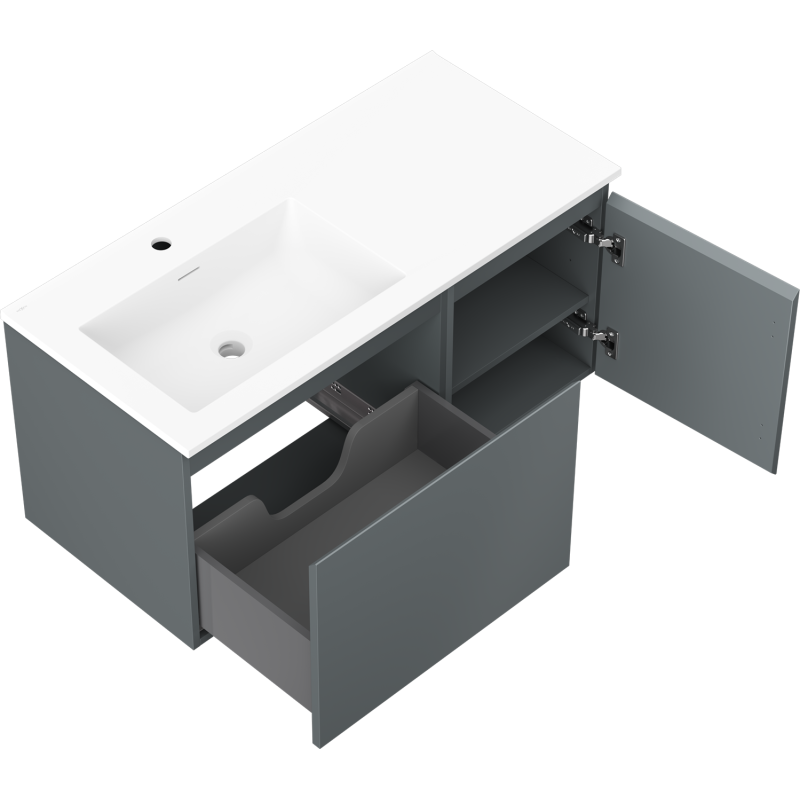 Mexen Orio fürdőszobaszekrény 100 cm bal oldali Otis mosdóval, 1S, 1D, grafit matt/fehér matt - 91A13-10047-3-BBFF66-W18L01