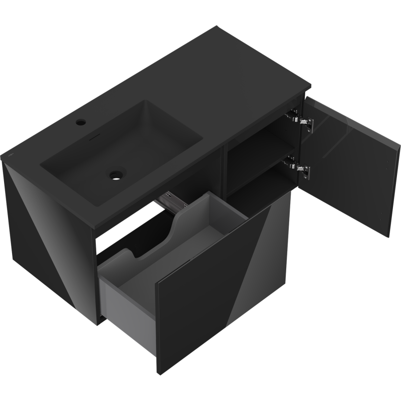 Mexen Orio fürdőszobai szekrény 100 cm mosdóval Otis balos, 1S, 1D, fekete fényes/fekete matt - 91A13-10047-3-BBFF70-W18L71