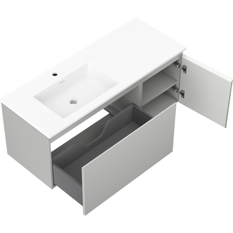 Mexen Orio 120 cm-es fürdőszobaszekrény Otis bal, 1S, 1D, szürke matt/fehér matt mosdóval - 91A13-12047-3-BBFF62-W18L01