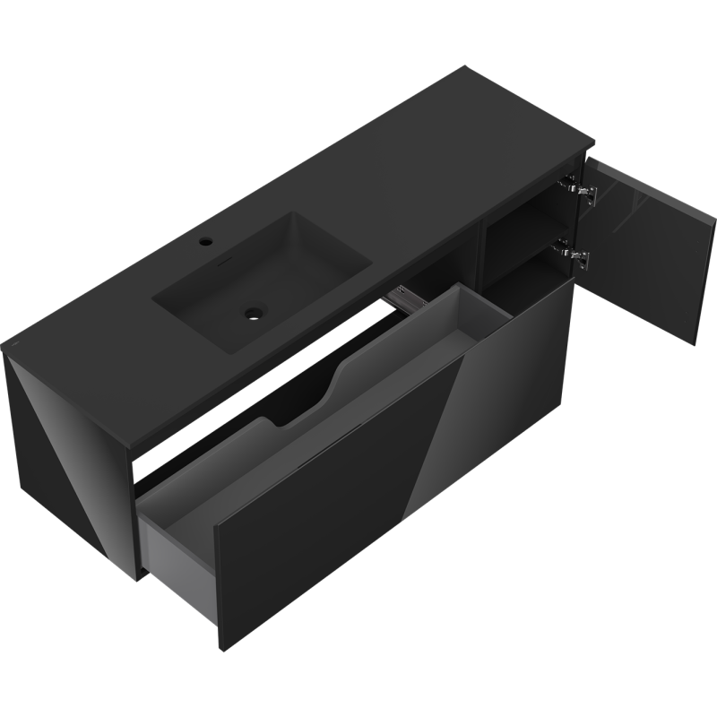 Mexen Orio Otis 160 cm-es bal oldali mosdós fürdőszobaszekrény, 1S, 1D, fekete fényes/fekete matt