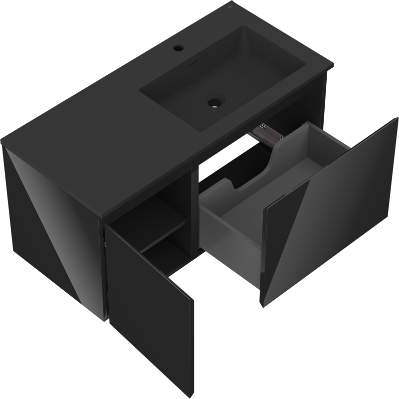 Mexen Orio Otis jobb oldali 100 cm-es fürdőszobaszekrény mosdóval, 1 fiók, 1 ajtó, fekete fényes/fekete matt