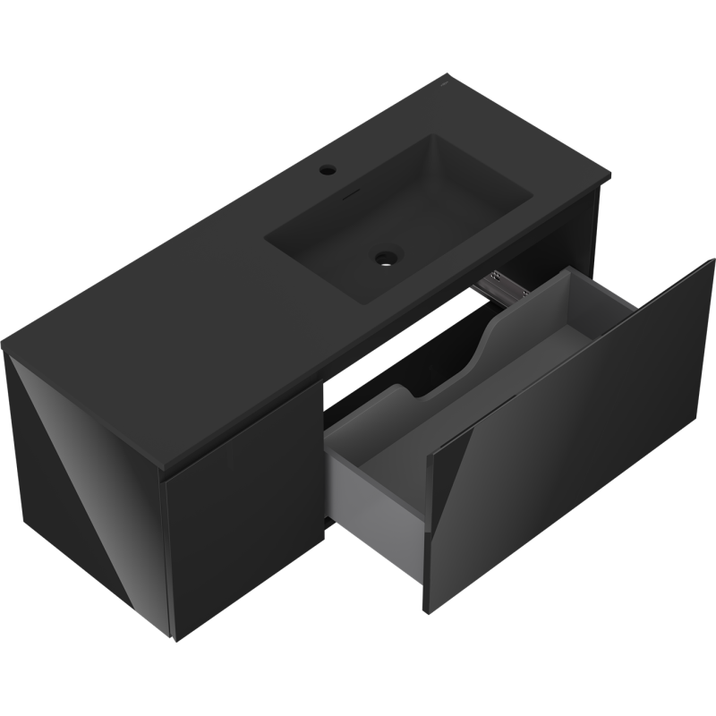 Mexen Orio 120 cm-es fürdőszobaszekrény Otis mosdóval, jobb, 1S, 1D, fekete fényes/fekete matt - 91A13-12047-3-BBFF70-W18P71