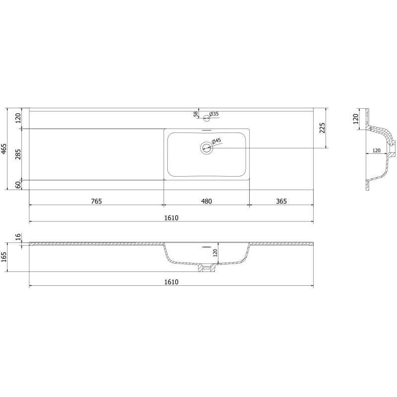 Mexen Orio 160 cm-es Otis fürdőszobaszekrény mosdóval jobboldali, 1S, 1D, fehér matt - 91A13-16047-3-BBFF01-W18P01