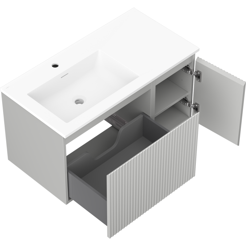 Mexen Rivel dulap de baie 90 cm cu chiuvetă Otis stânga, 1S, 1D, canelat, gri mat/alb mat - 91A23-09047-3-BBFF62-W18L01