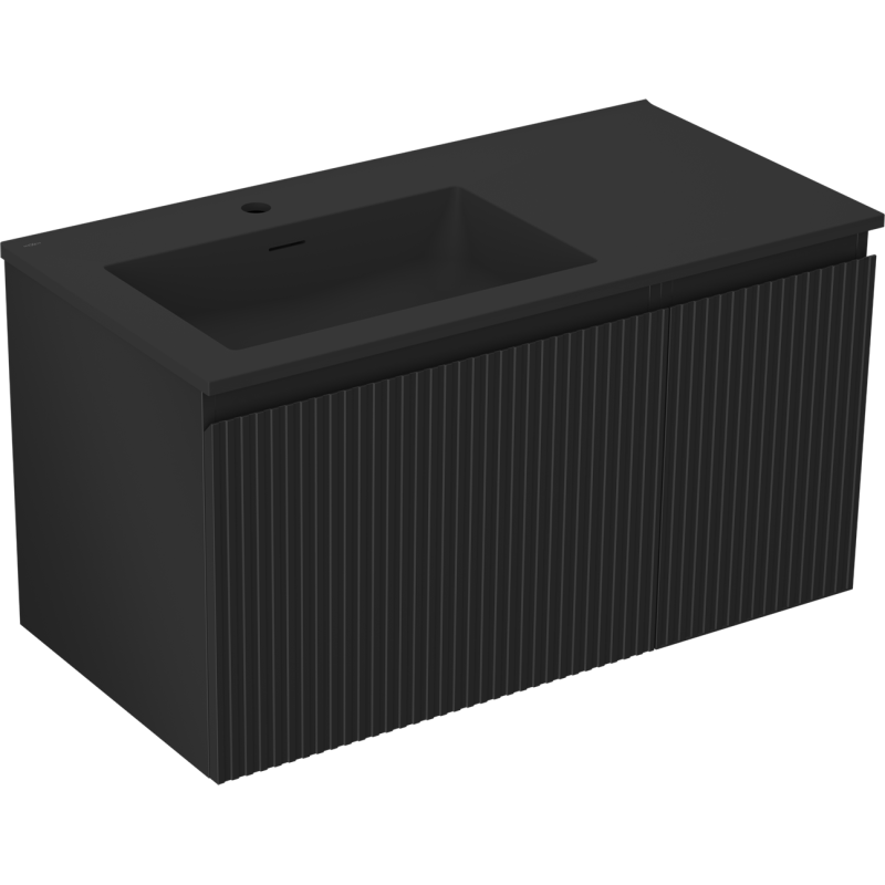 Mexen Rivel 90 cm-es Otis fürdőszobai szekrény bal oldali mosdóval, 1 fiók, 1 ajtó, bordázott, fekete matt