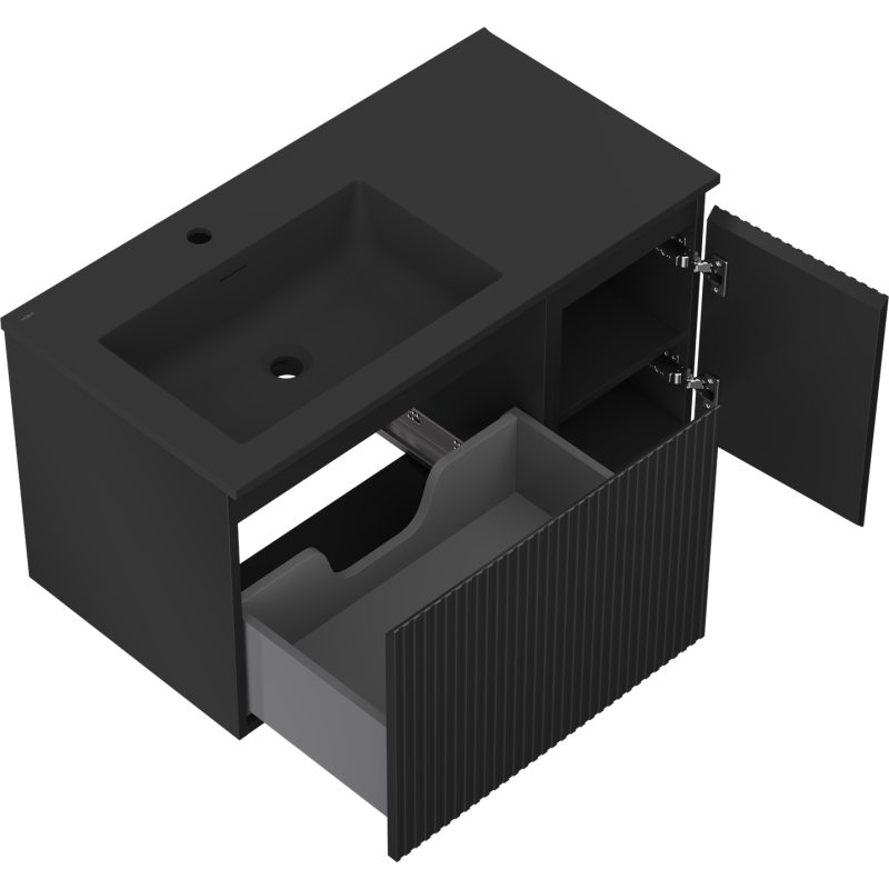 Mexen Rivel 90 cm-es Otis fürdőszobai szekrény bal oldali mosdóval, 1 fiók, 1 ajtó, bordázott, fekete matt