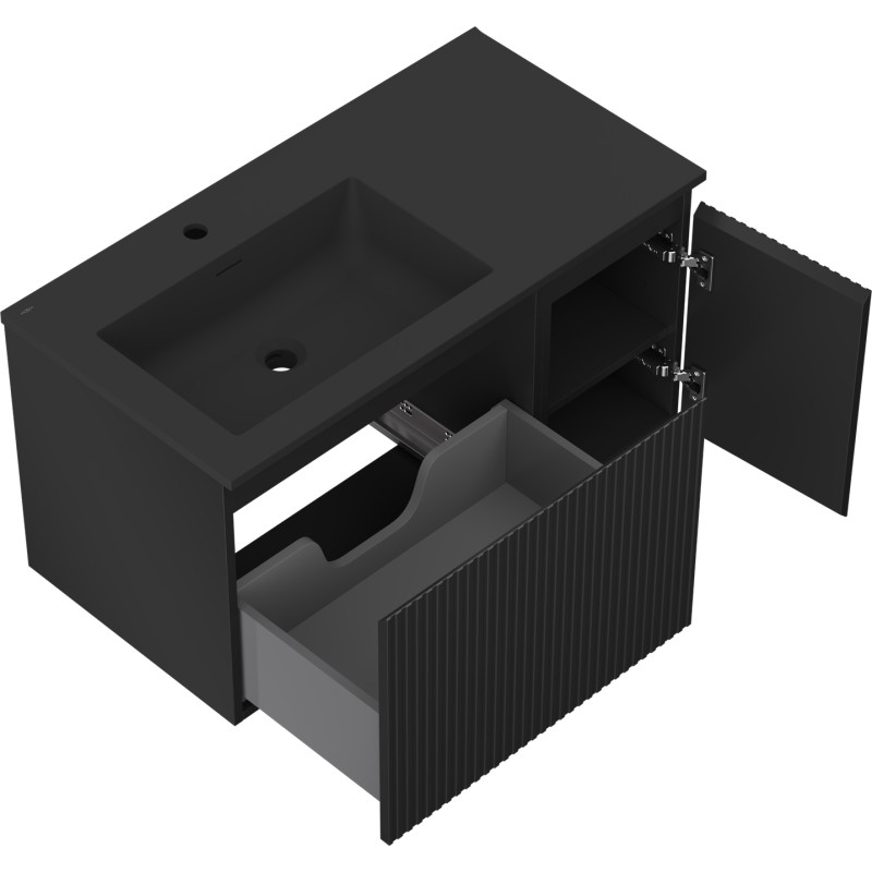 Mexen Rivel dulap pentru baie de 90 cm cu lavoar Otis stânga, 1 sertar, 1 ușă, rilat, negru mat - 91A23-09047-3-BBFF71-W18L71