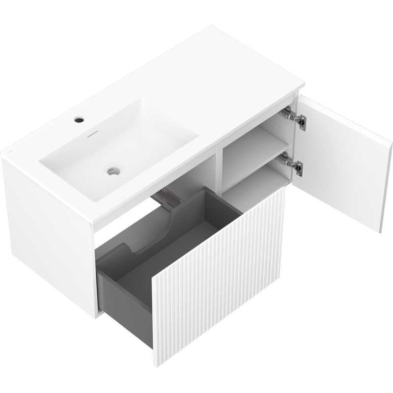 Mexen Rivel 100 cm-es Otis fürdőszobai szekrény bal oldali mosdóval, 1 fiók, 1 ajtó, bordázott, fehér matt