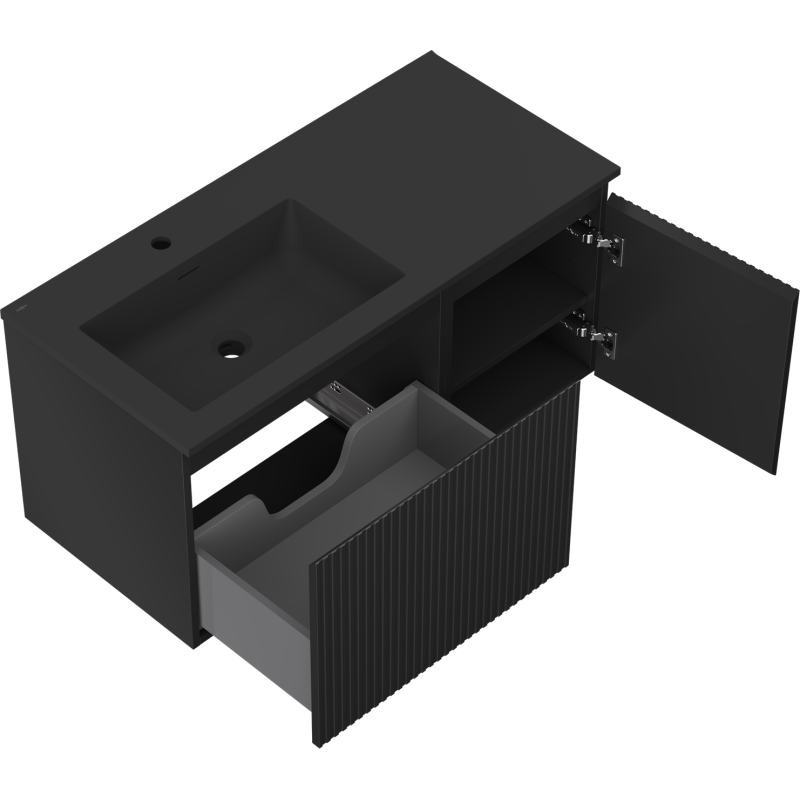 Mexen Rivel fürdőszobaszekrény 100 cm mosdókagylóval Otis bal, 1S, 1D, bordázott, fekete matt - 91A23-10047-3-BBFF71-W18L71