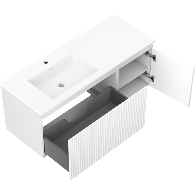 Mexen Rivel 120 cm-es fürdőszobai szekrény mosdóval, bal oldali, 1 polc, rácsos, matt fehér színű - 91A23-12047-3-BBFF01-W18L01