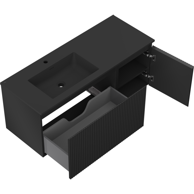 Mexen Rivel 120 cm-es fürdőszobai szekrény Otis bal oldali mosdóval, 1S, 1D, bordázott, fekete matt