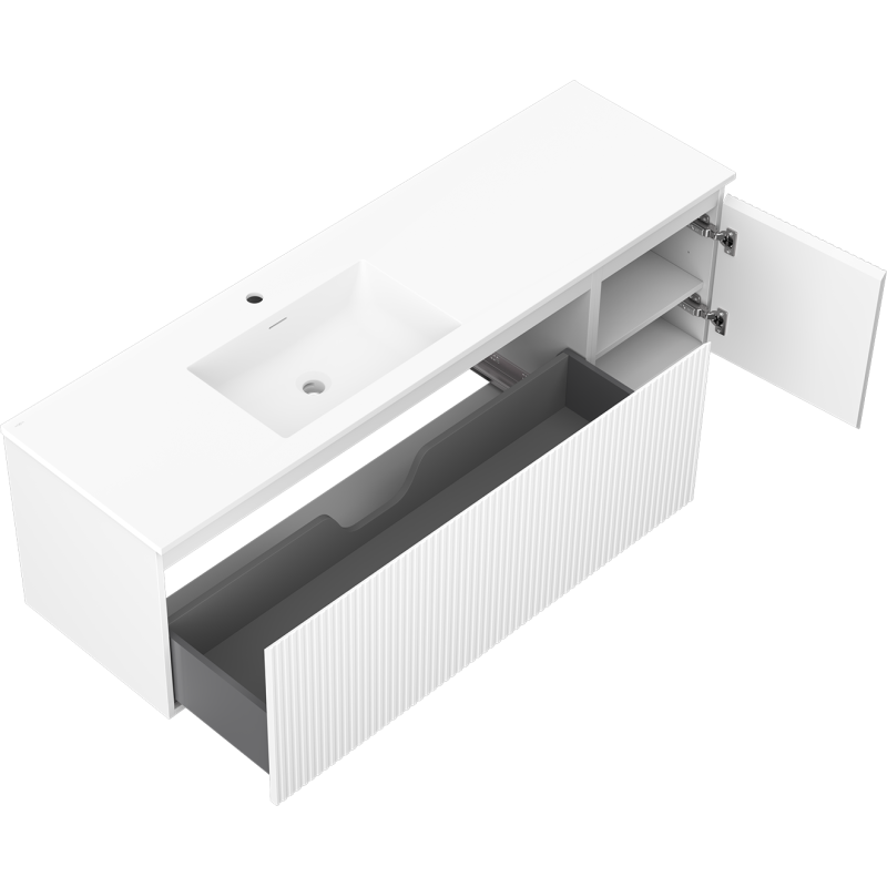 Mexen Rivel 160 cm-es fürdőszobaszekrény balos Otis mosdóval, 1S, 1D, bordázott, matt fehér - 91A23-16047-3-BBFF01-W18L01