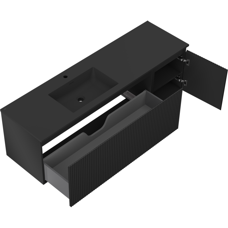 Mexen Rivel 160 cm-es fürdőszobaszekrény Otis bal oldali mosdóval, 1S, 1D, bordázott, fekete matt - 91A23-16047-3-BBFF71-W18L71