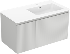Mexen Rivel Otis 90 cm-es fürdőszobaszekrény jobb oldali mosdóval, 1 fiók, 1 ajtó, bordázott, szürke matt/fehér matt