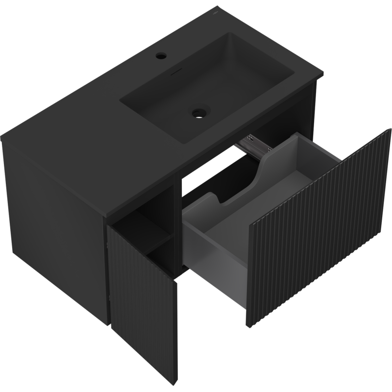 Mexen Rivel 90 cm-es fürdőszobaszekrény mosdóval Otis jobb oldali, 1S, 1D, bordázott, matt fekete