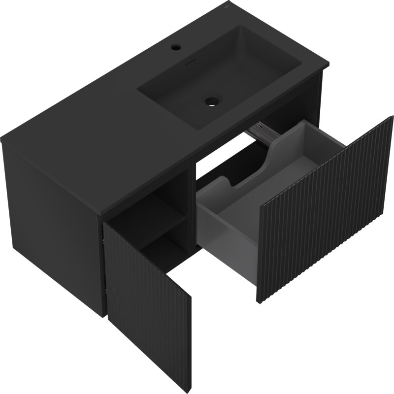 Mexen Rivel 100 cm-es fürdőszobaszekrény Otis mosdóval jobbos, 1S, 1D, bordázott, fekete matt - 91A23-10047-3-BBFF71-W18P71