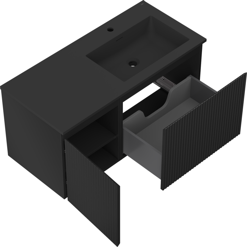 Mexen Rivel dulap baie 100 cm cu chiuveta Otis dreapta, 1 sertar, 1 ușa, riflat, negru mat - 91A23-10047-3-BBFF71-W18P71