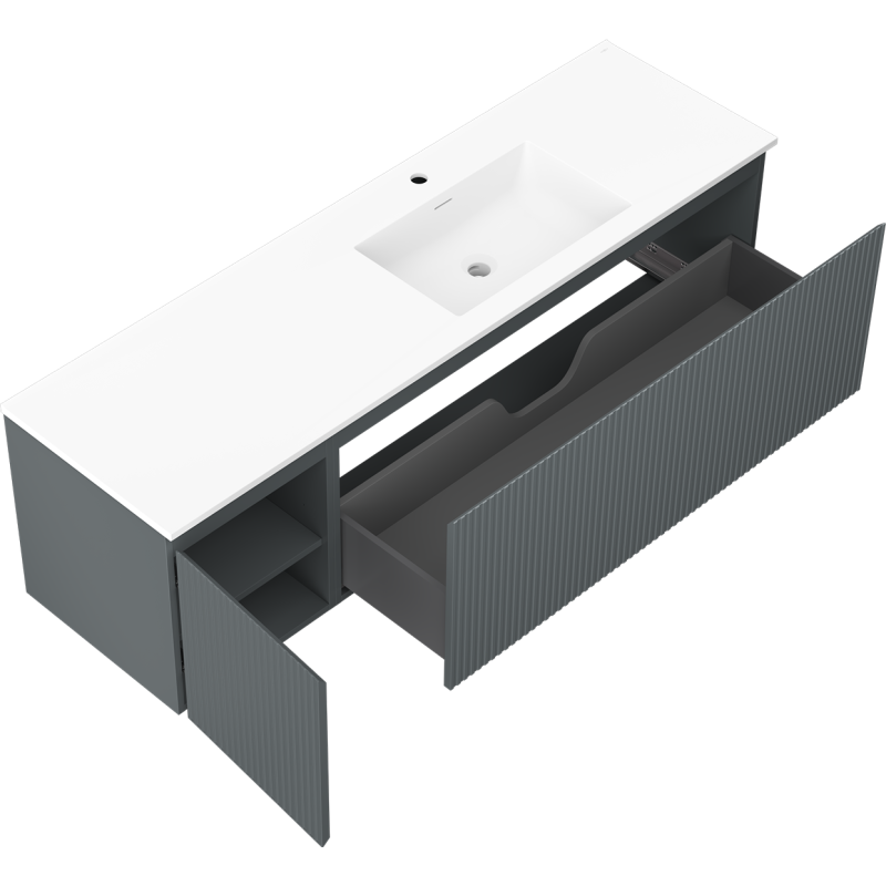 Mexen Rivel dulap baie 160 cm cu lavoar Otis pe dreapta, 1 sertar, 1 ușă, riflat, grafit/alb mat - 91A23-16047-3-BBFF66-W18P01