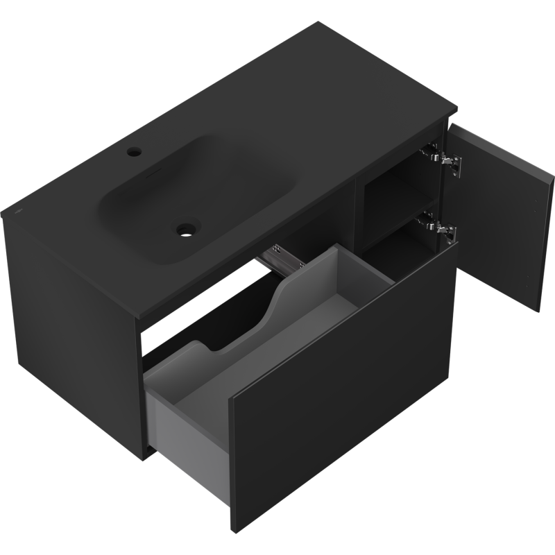Mexen Orio 90 cm-es fürdőszobai szekrény Vela bal oldali mosdóval, 1S, 1D, fekete matt - 91A13-09047-3-BBFF71-W23L71