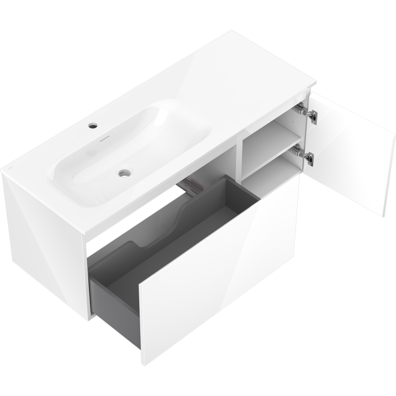 Mexen Orio 120 cm-es fürdőszobai szekrény Vela bal oldali mosdóval, 1S, 1D, fehér fényes - 91A13-12047-3-BBFF00-W23L00