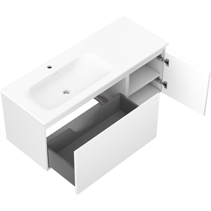 Mexen Orio 120 cm-es fürdőszobaszekrény balos Vela mosdóval, 1S, 1D, fehér matt - 91A13-12047-3-BBFF01-W23L01