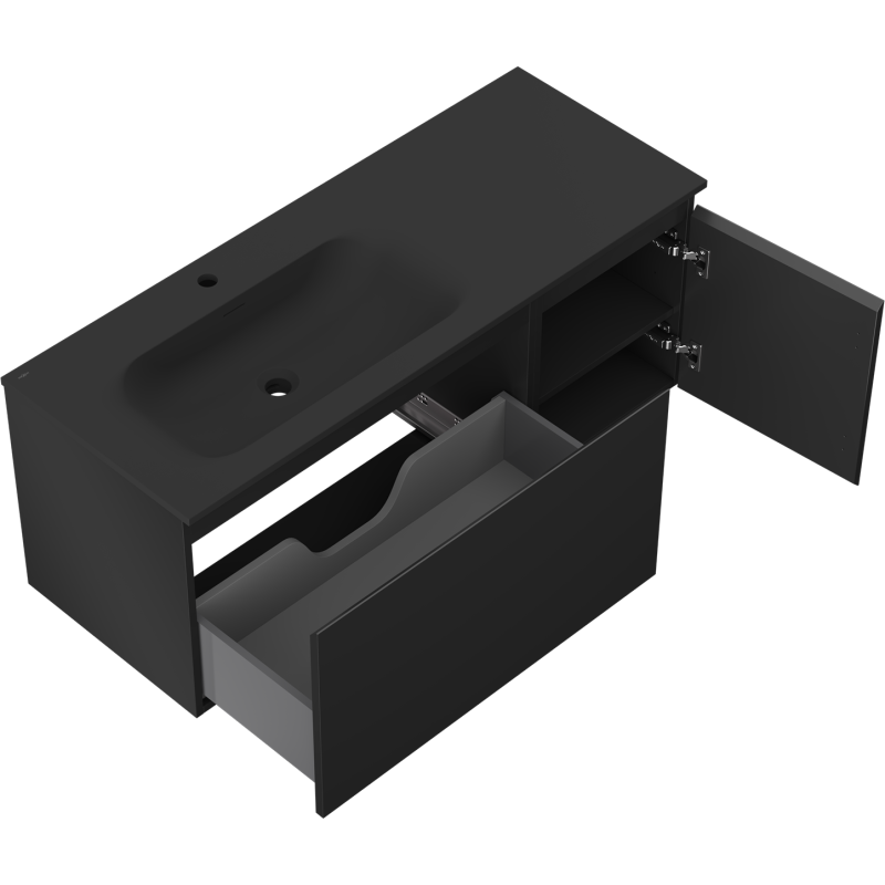 Mexen Orio 120 cm-es fürdőszobai szekrény Vela bal oldali mosdóval, 1 fiók, 1 ajtó, fekete matt - 91A13-12047-3-BBFF71-W23L71