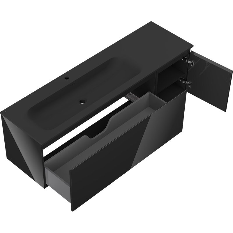 Mexen Orio 160 cm-es fürdőszobaszekrény bal Vela mosdóval, 1S, 1D, fényes fekete/matt fekete - 91A13-16047-3-BBFF70-W23L71