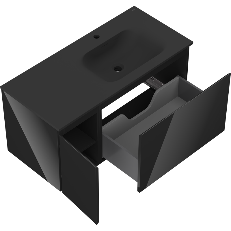 Mexen Orio 100 cm-es fürdőszobaszekrény jobbos Vela mosdóval, 1S, 1D, fekete fényes/fekete matt