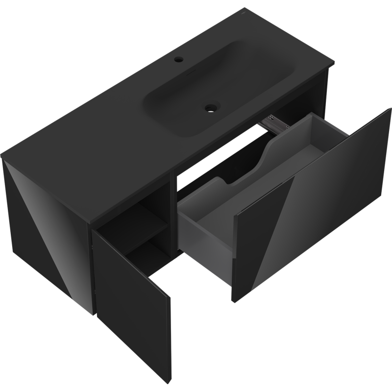 Mexen Orio fürdőszobaszekrény 120 cm-es Vela mosdóval jobbos, 1S, 1D, fekete fényes/fekete matt - 91A13-12047-3-BBFF70-W23P71