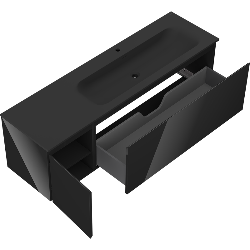 Mexen Orio 160 cm-es fürdőszobai szekrény mosdóval Vela jobb, 1S, 1D, fekete fényes/fekete matt - 91A13-16047-3-BBFF70-W23P71