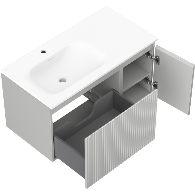 Mexen Rivel 90 cm-es fürdőszobai szekrény Vela mosdókagylóval, balos, 1S, 1D, bordázott, szürke matt/fehér matt
