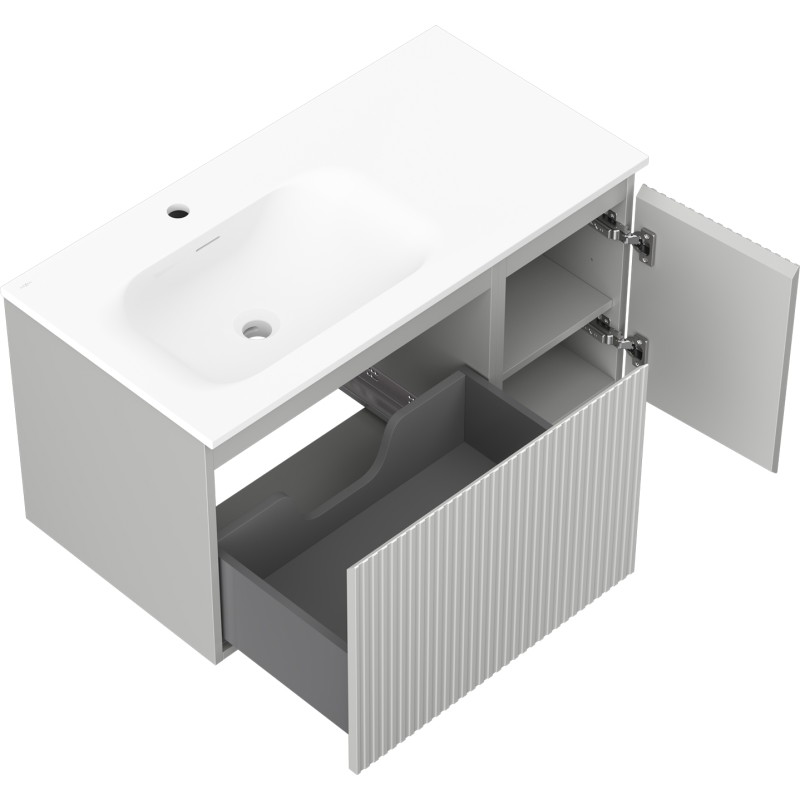 Mexen Rivel dulap baie 90 cm cu lavoar Vela stânga, 1S, 1D, riflat, gri mat/alb mat - 91A23-09047-3-BBFF62-W23L01