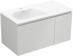 Mexen Rivel 90 cm-es fürdőszobai szekrény Vela mosdókagylóval, balos, 1S, 1D, bordázott, szürke matt/fehér matt