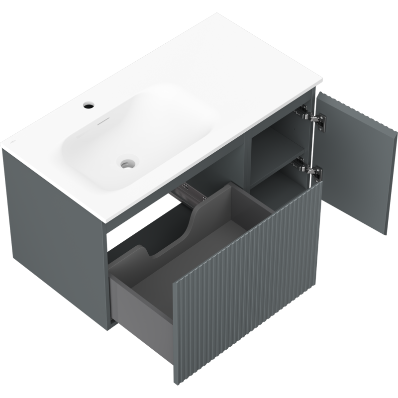 Mexen Rivel 90 cm-es fürdőszobai szekrény bal oldali Vela mosdóval, 1 fiókkal, 1 ajtóval, bordázott, matt grafit/fehér