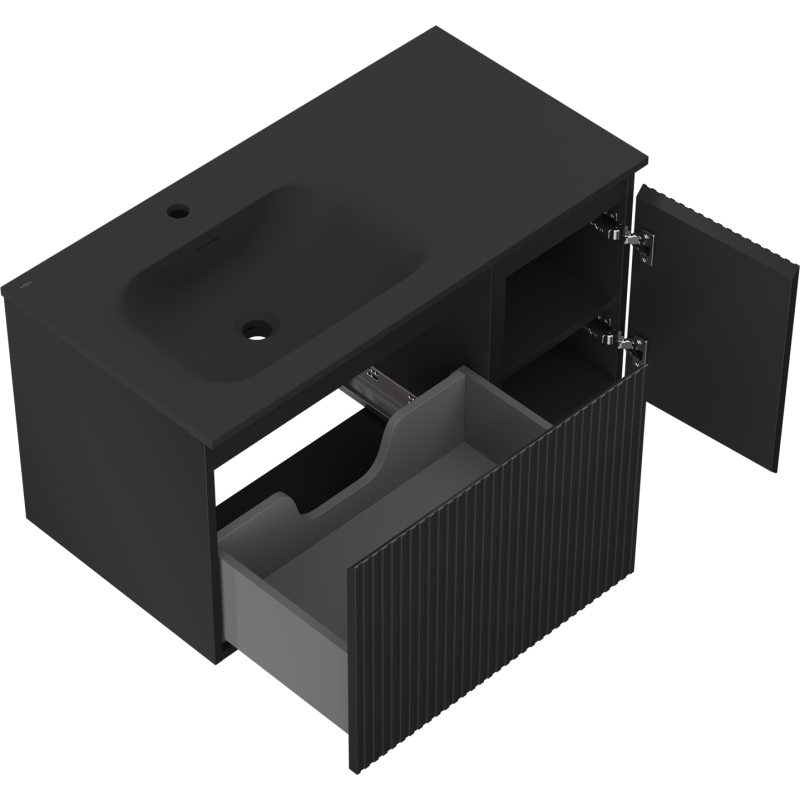 Mexen Rivel fürdőszobai szekrény 90 cm baloldali Vela mosdóval, 1S, 1D, hullámos, fekete matt - 91A23-09047-3-BBFF71-W23L71