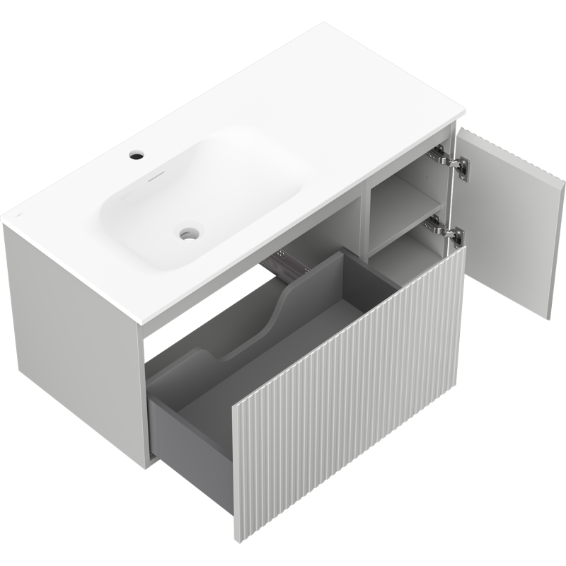 Mexen Rivel 100 cm-es Vela bal oldali fürdőszobaszekrény mosdóval, 1 fiók, 1 ajtó, bordázott, szürke matt/fehér matt
