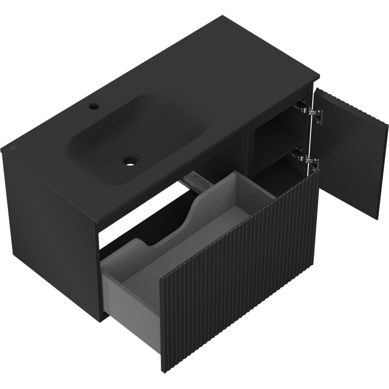 Mexen Rivel 100 cm-es fürdőszobaszekrény Vela bal oldali mosdóval, 1S, 1D, bordázott, fekete matt