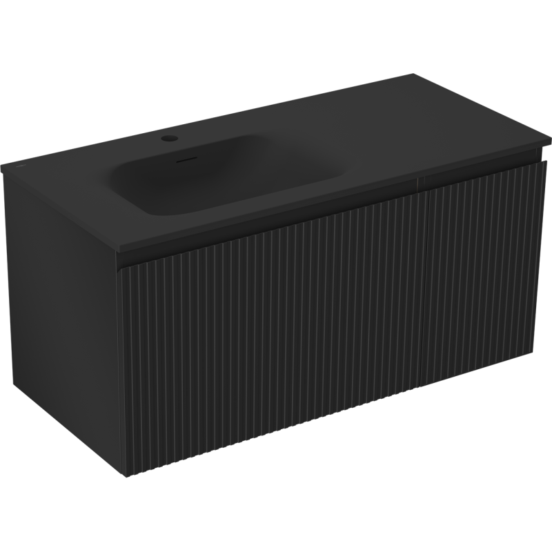 Mexen Rivel 100 cm-es fürdőszobaszekrény Vela bal oldali mosdóval, 1S, 1D, bordázott, fekete matt