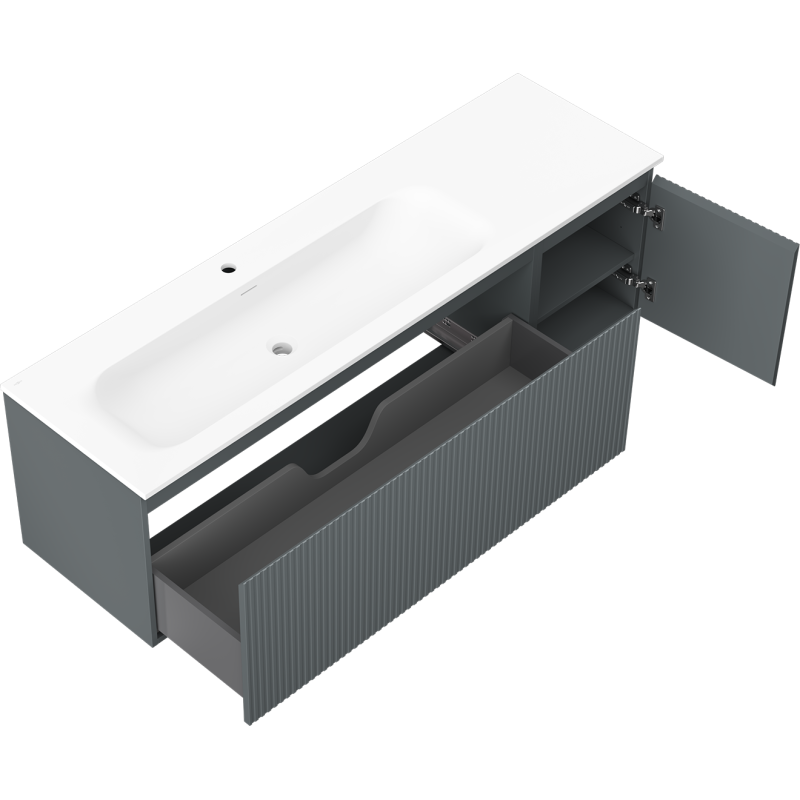 Mexen Rivel 160 cm-es fürdőszobai szekrény bal oldali Vela mosdóval, 1 fiókos, 1 ajtós, bordázott, matt grafit/fehér