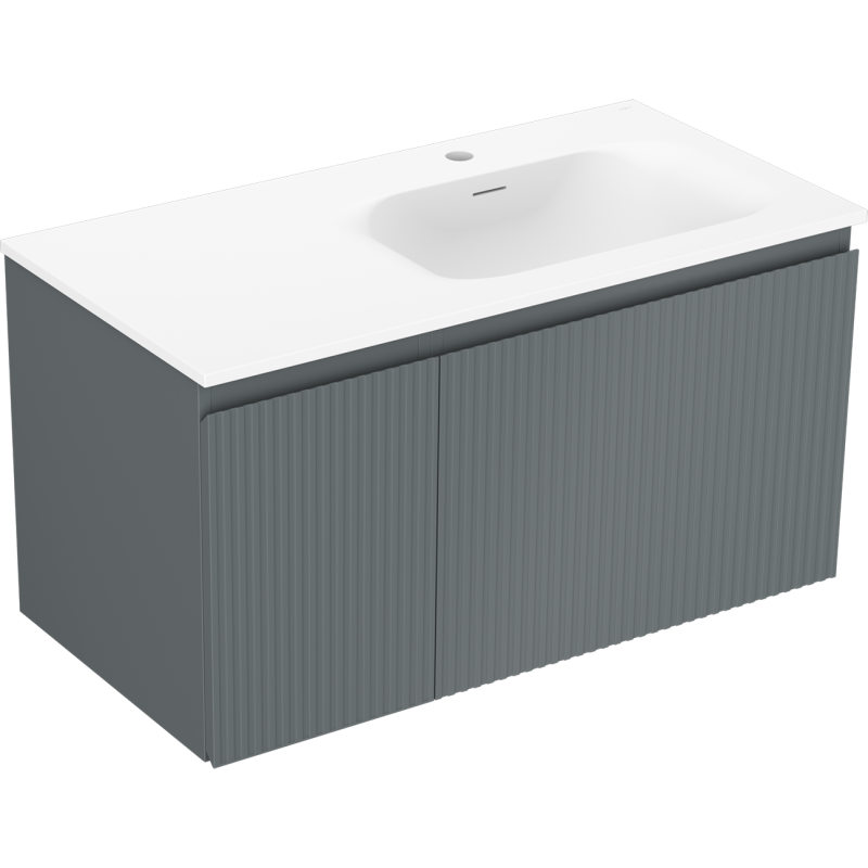 Mexen Rivel 90 cm-es fürdőszobaszekrény jobboldali Vela mosdóval, 1S, 1D, bordázott, grafit matt/fehér matt