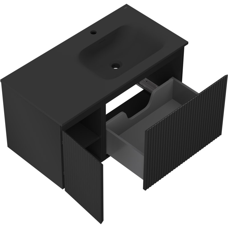 Mexen Rivel 90 cm-es fürdőszobai szekrény Vela jobboldali mosdóval, 1S, 1D, barázdált, fekete matt - 91A23-09047-3-BBFF71-W23P71