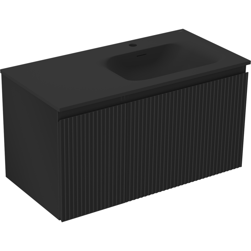 Mexen Rivel 90 cm-es fürdőszobai szekrény Vela jobboldali mosdóval, 1S, 1D, barázdált, fekete matt - 91A23-09047-3-BBFF71-W23P71