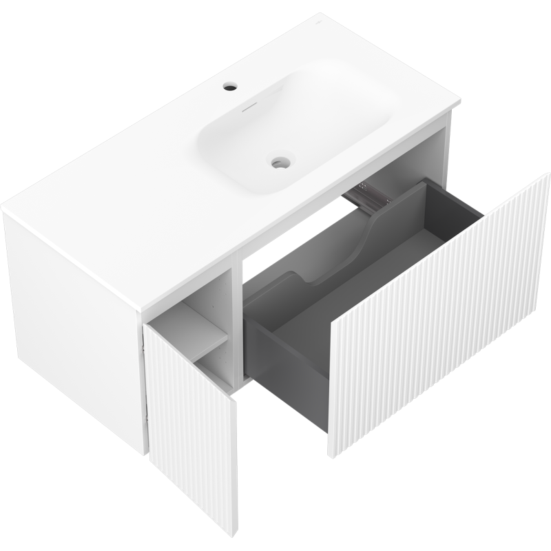 Mexen Rivel fürdőszobai szekrény 100 cm mosdóval Vela jobb, 1S, 1D, bordázott, fehér matt - 91A23-10047-3-BBFF01-W23P01