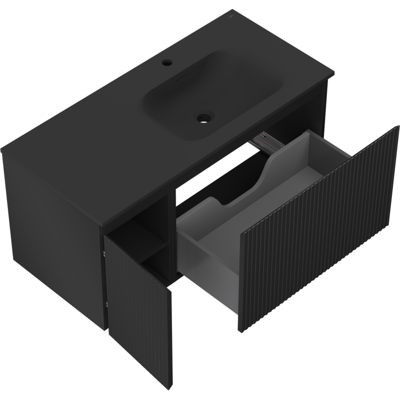 Mexen Rivel fürdőszobai szekrény 100 cm mosdóval Vela jobb, 1S, 1D, bordázott, fekete matt - 91A23-10047-3-BBFF71-W23P71