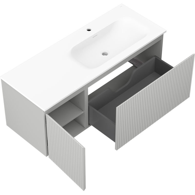 Mexen Rivel 120 cm-es fürdőszobai szekrény Vela jobb oldali mosdóval, 1 fiók, 1 ajtó, bordázott, szürke matt/fehér matt