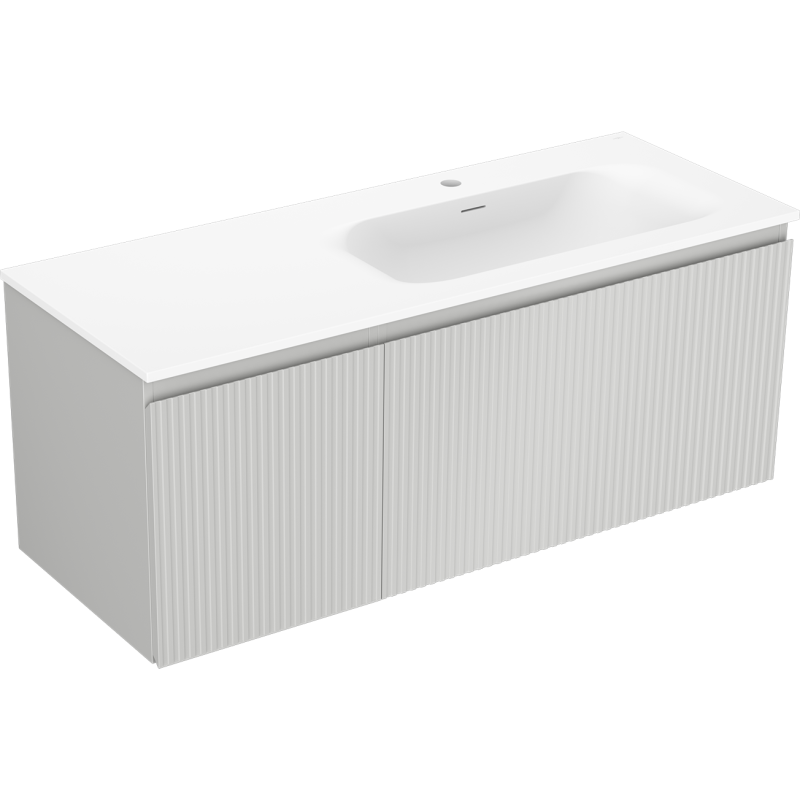 Mexen Rivel 120 cm-es fürdőszobai szekrény Vela jobb oldali mosdóval, 1 fiók, 1 ajtó, bordázott, szürke matt/fehér matt