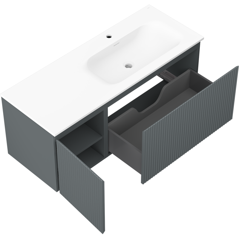 Mexen Rivel 120 cm-es fürdőszobai szekrény mosdókagylóval Vela, jobb oldali, 1 fiók, 1 ajtó, bordázott, grafit/fehér